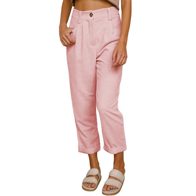 Chelsie - Pantaloni de damă casual din cord cu talie înaltă