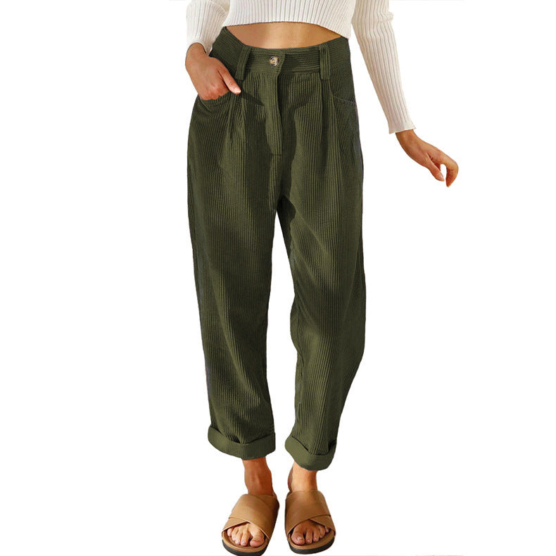 Chelsie - Pantaloni de damă casual din cord cu talie înaltă