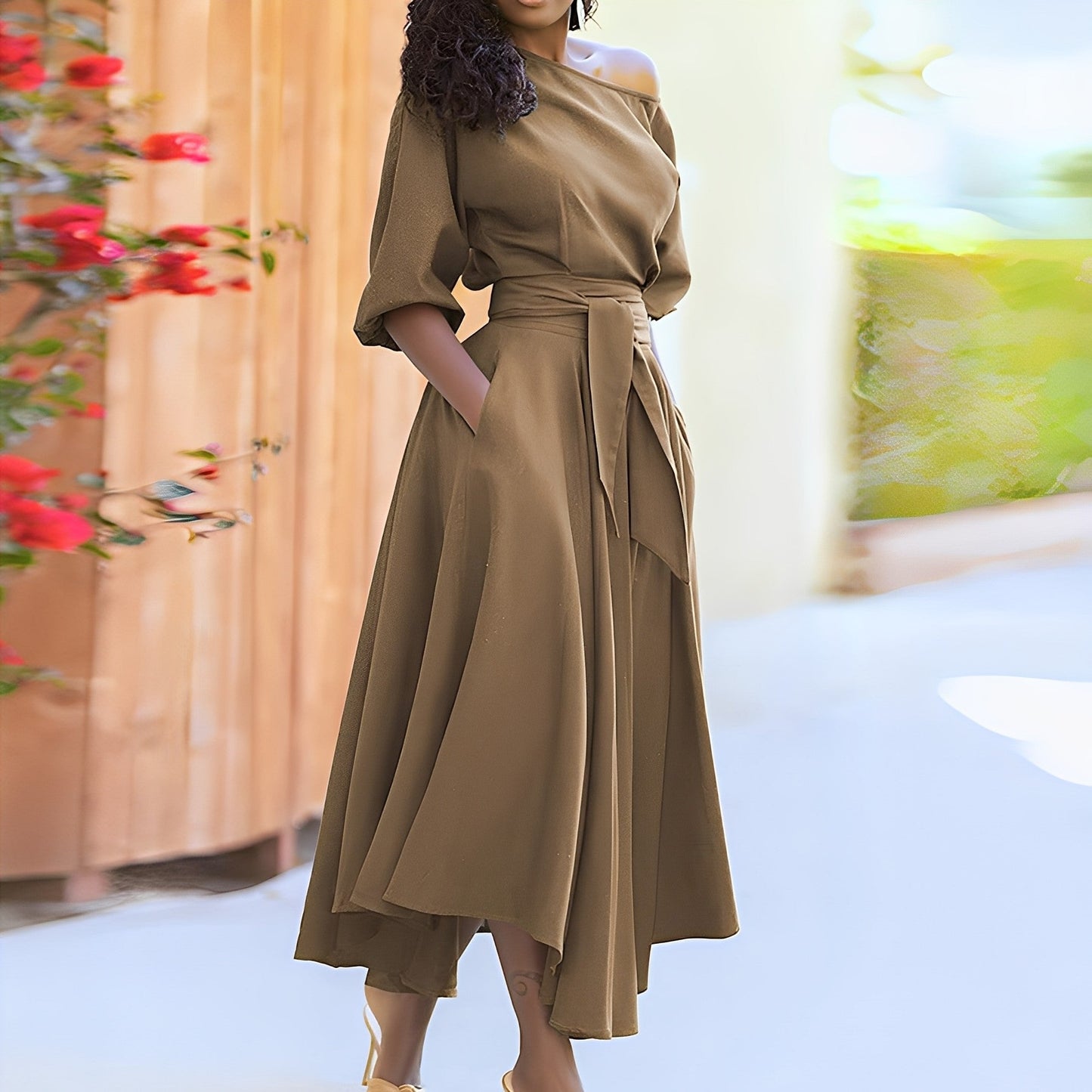 Dahlia - Rochie chic fără umeri cu curea pentru femei