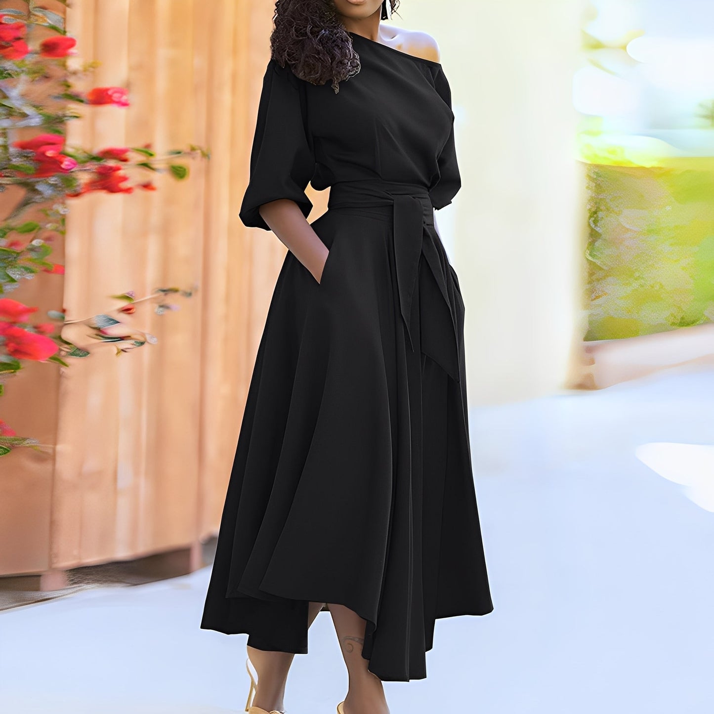 Dahlia - Rochie chic fără umeri cu curea pentru femei