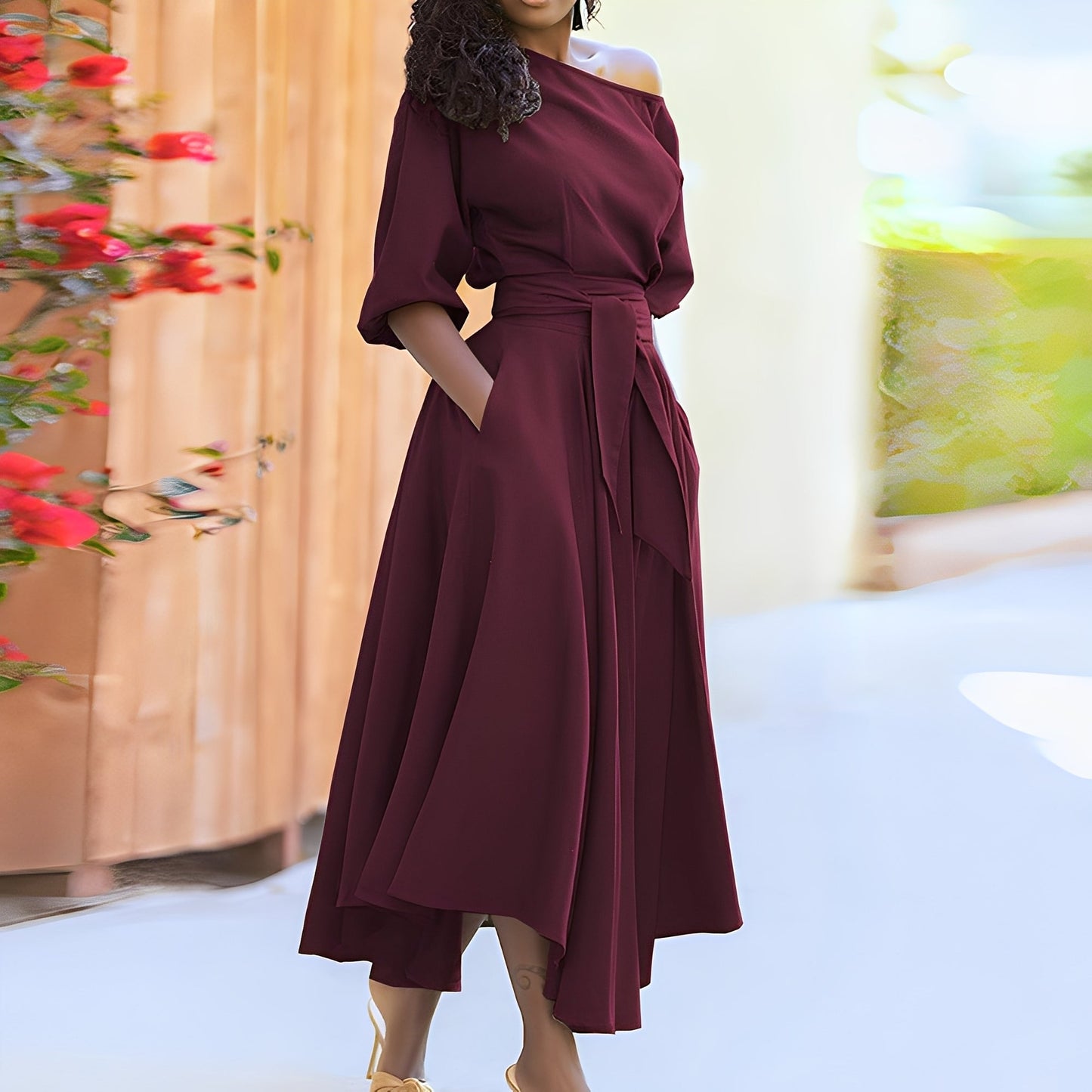 Dahlia - Rochie chic fără umeri cu curea pentru femei