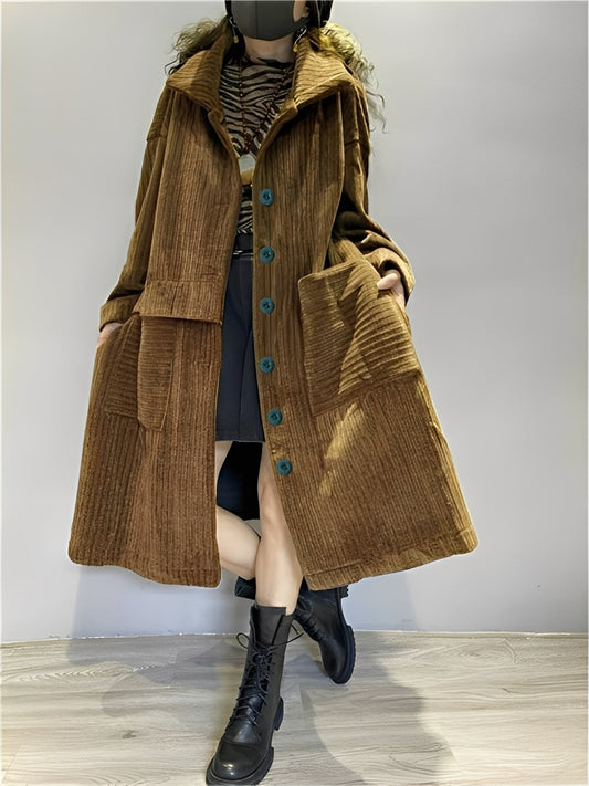 Alethea - Pardesiu lung casual din catifea cu buzunare pentru femei