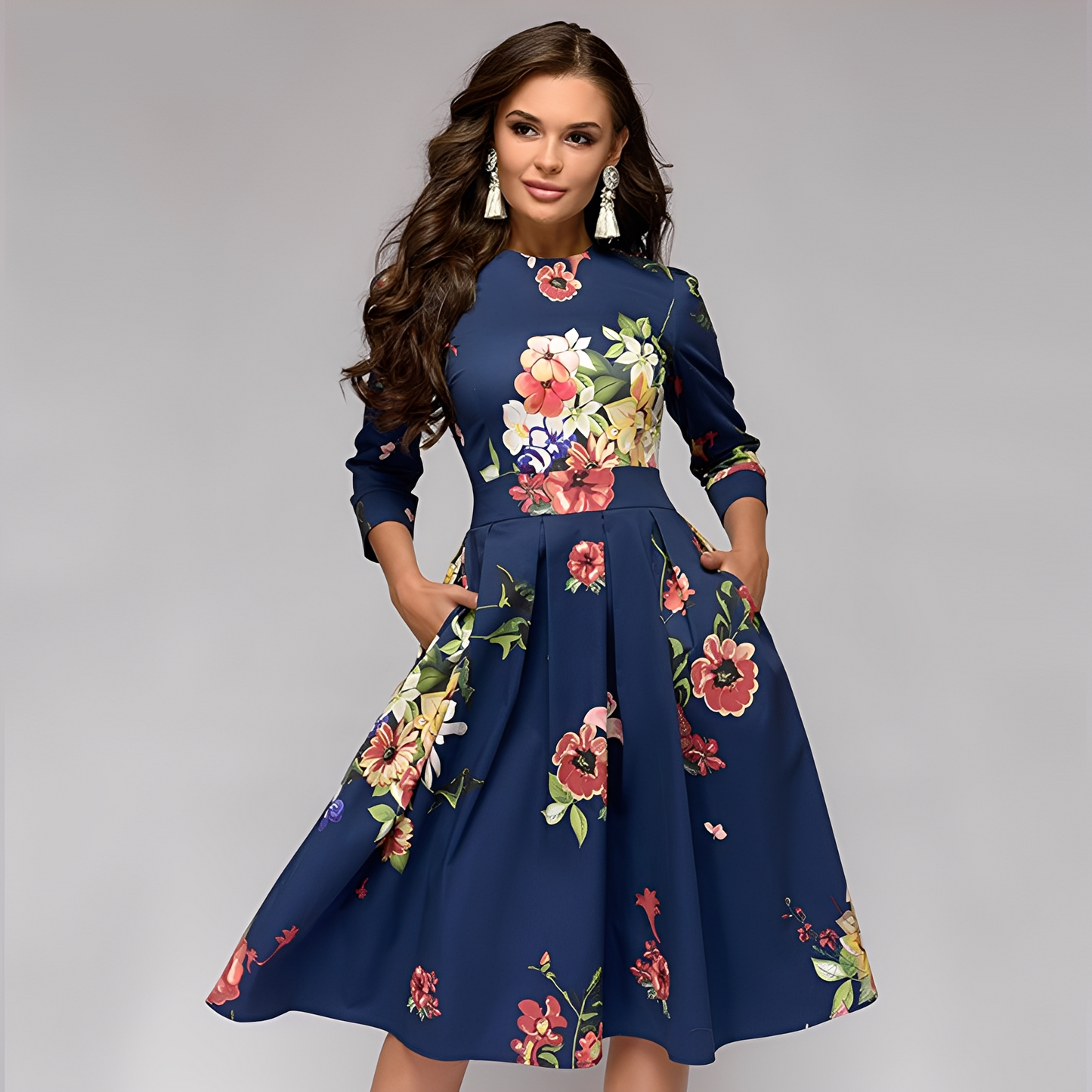 Elisabeth - Rochie elegantă, cu mâneci lungi și design floral pentru femei