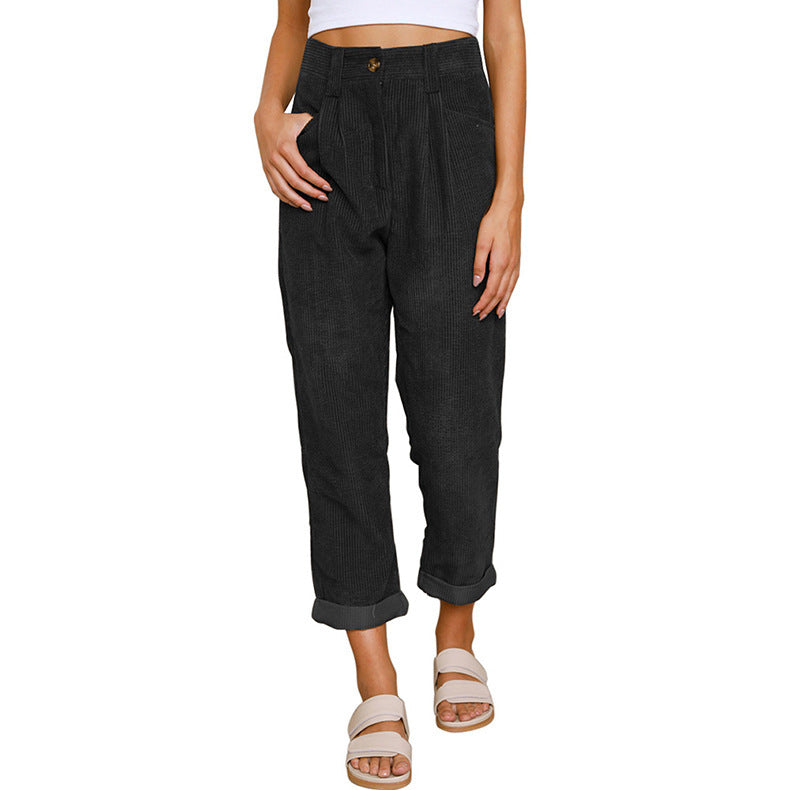 Chelsie - Pantaloni de damă casual din cord cu talie înaltă