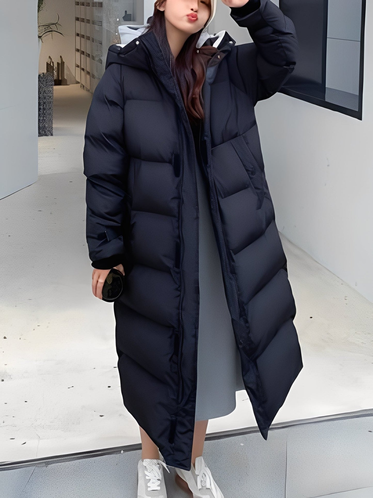 Hazel - Palton lung modern cu glugă pentru femei