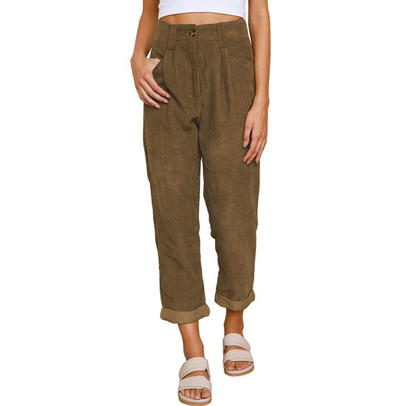 Chelsie - Pantaloni de damă casual din cord cu talie înaltă