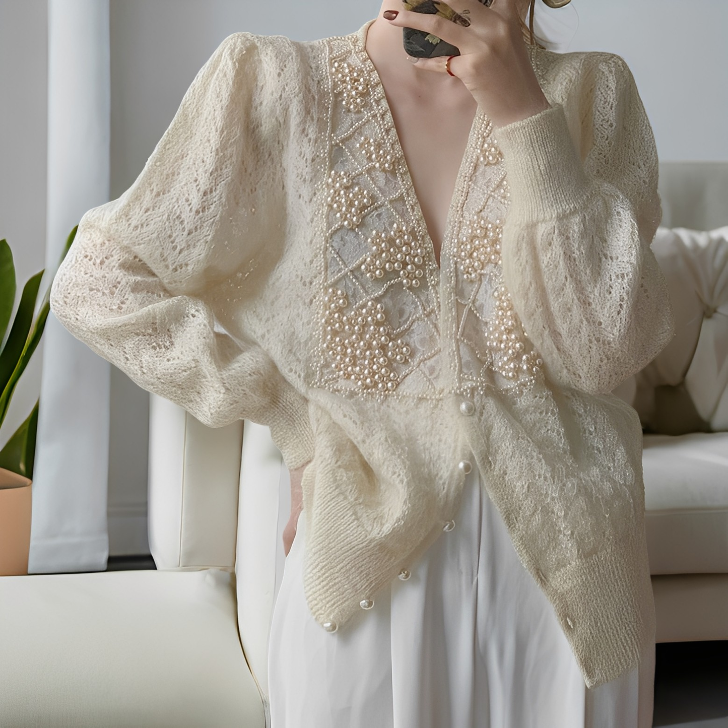 Jolie - Pulover elegant din tricot cu nasturi de sidef