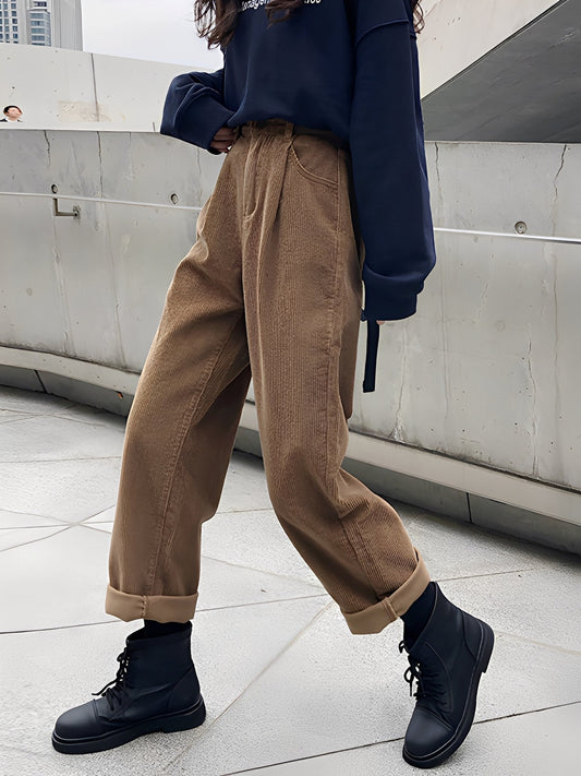 Shelbie - Pantaloni clasici din material cord pentru femei, cu picior larg