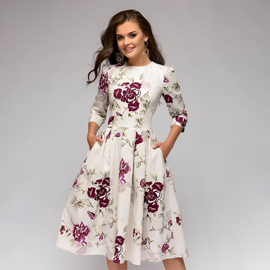 Elisabeth - Rochie elegantă, cu mâneci lungi și design floral pentru femei