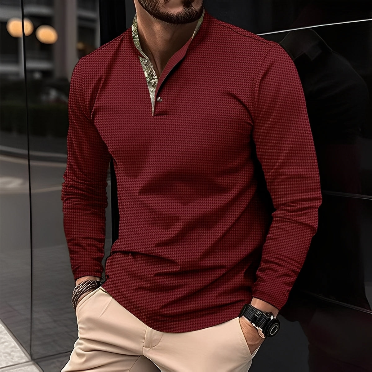Crofton - Polo elegant cu mâneci lungi și textură vafrată pentru bărbați