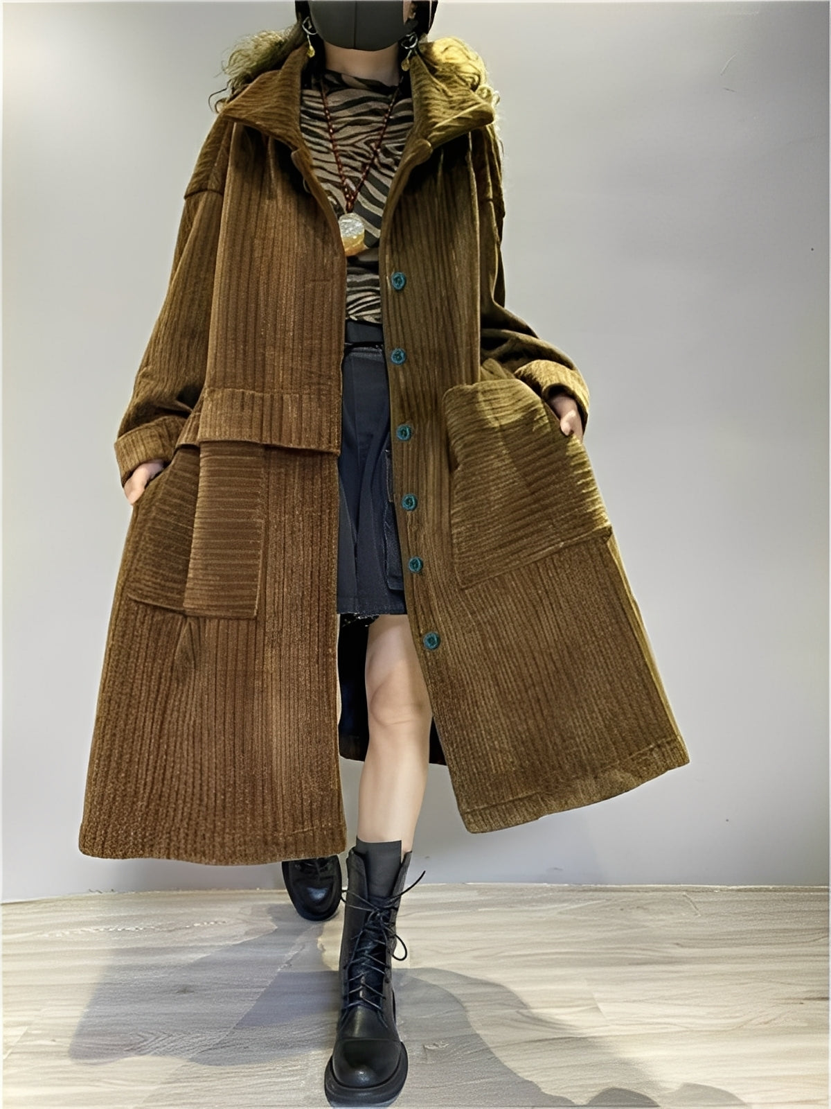 Alethea - Pardesiu lung casual din catifea cu buzunare pentru femei