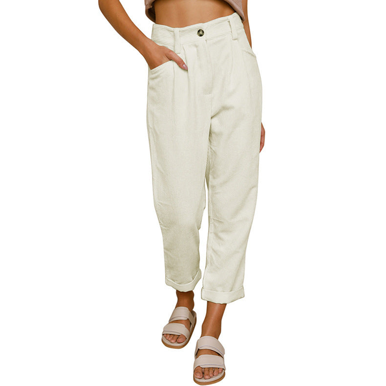 Chelsie - Pantaloni de damă casual din cord cu talie înaltă