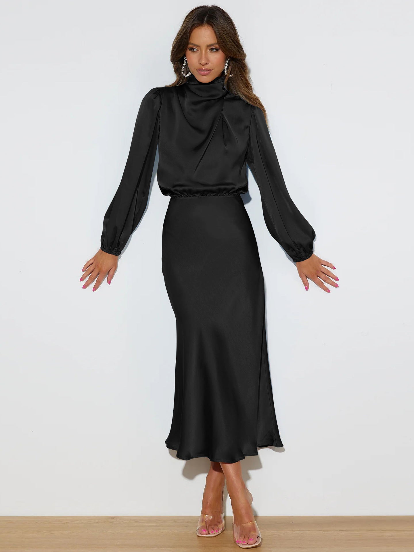 Danica - Rochie elegantă cu mâneci lungi și guler pentru femei