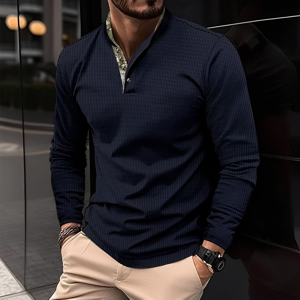 Crofton - Polo elegant cu mâneci lungi și textură vafrată pentru bărbați