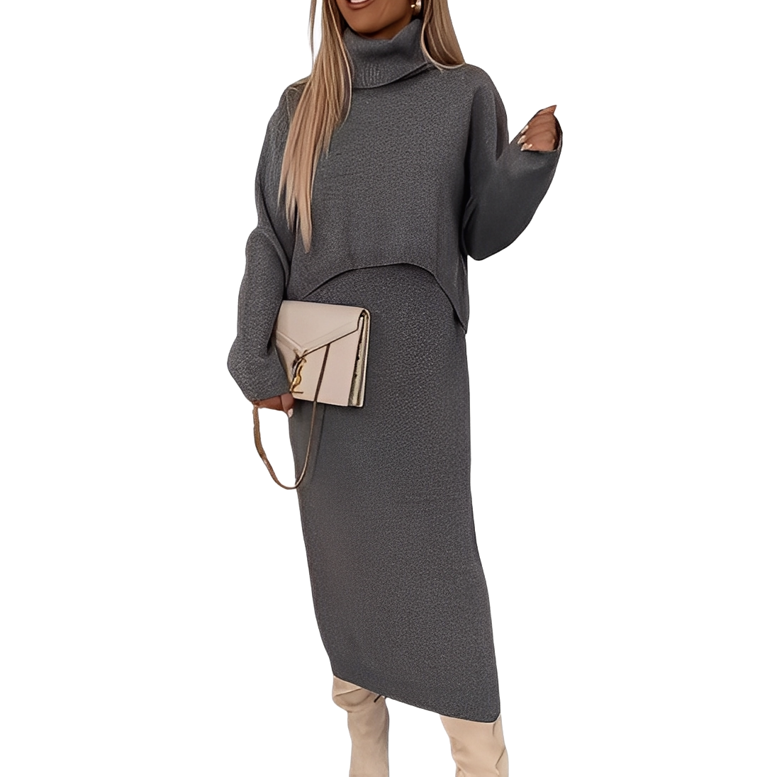 Natalee - Set elegant cu pulover cu guler înalt și fustă pentru femei