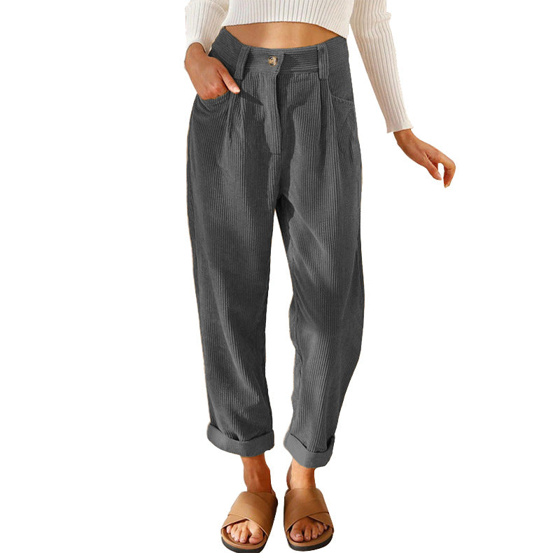 Chelsie - Pantaloni de damă casual din cord cu talie înaltă
