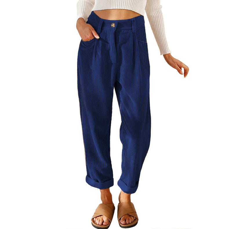 Chelsie - Pantaloni de damă casual din cord cu talie înaltă