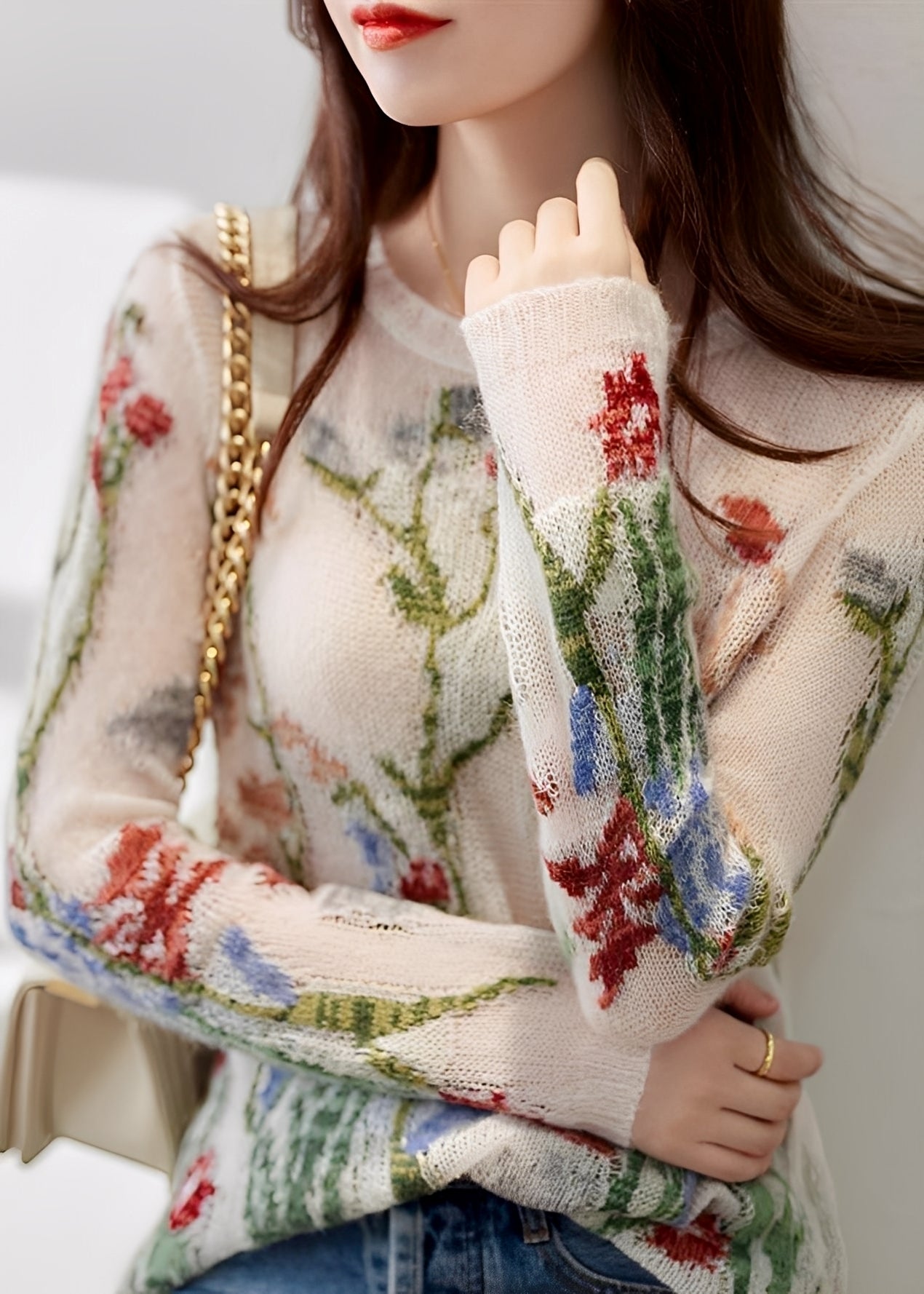 Gisselle - Pulover elegant tricotat, cu model floral pentru femei