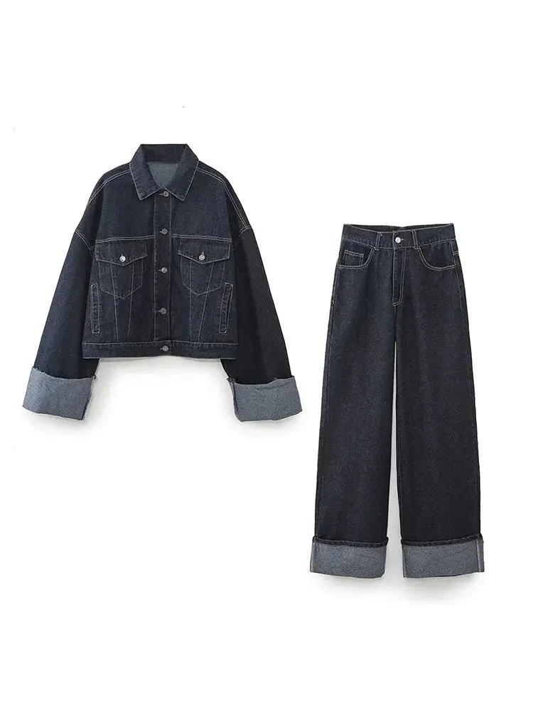 Clara – Ansamblu Denim cu Jachetă Trucker & Jeans Taliei Înalte
