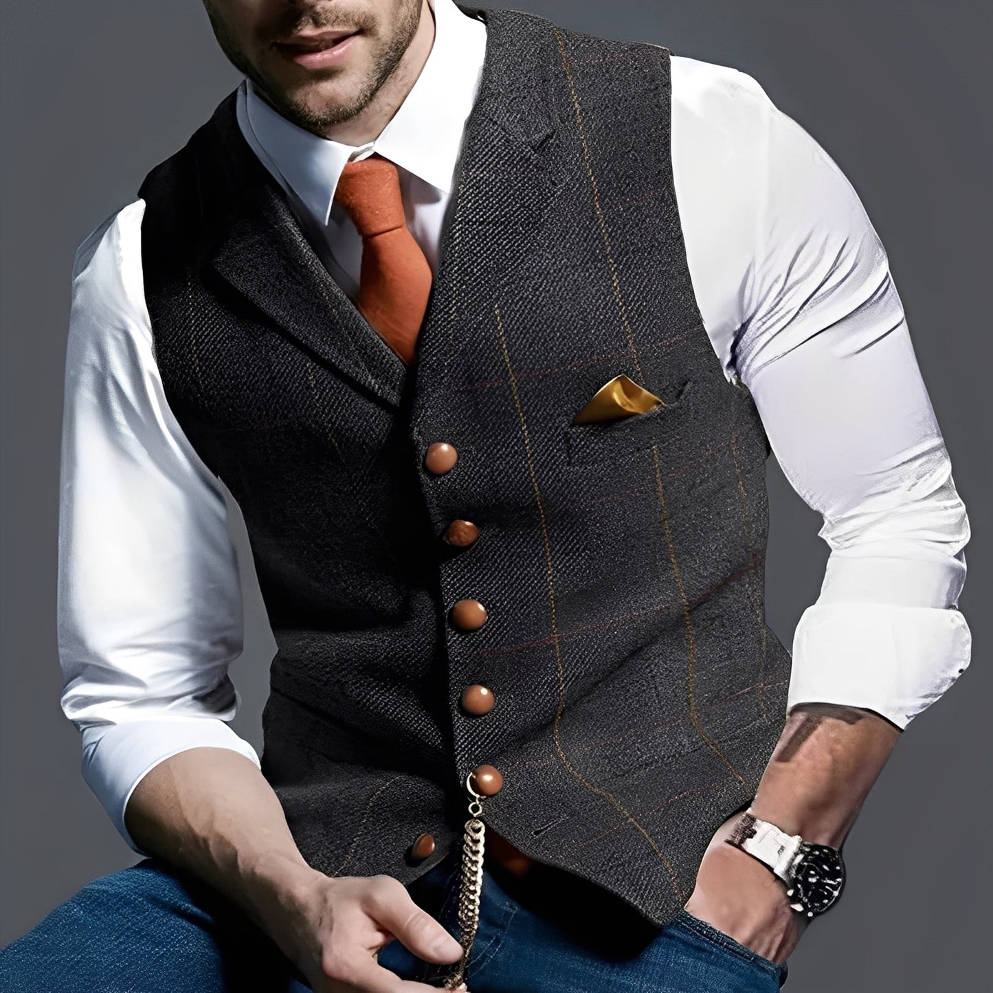 Arnold - Vestă elegantă îngustă cu model în carouri pentru bărbați