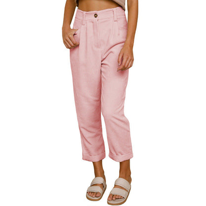 Chelsie - Pantaloni de damă casual din cord cu talie înaltă