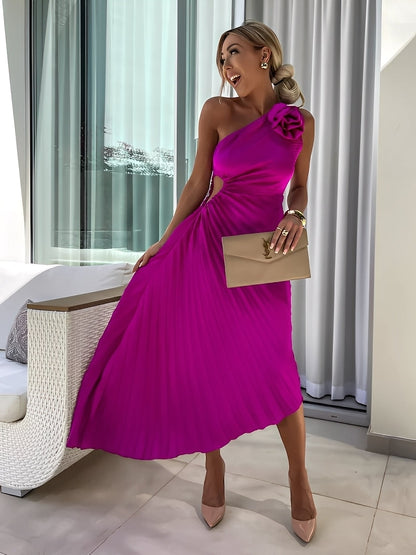Rachael - Rochie plisată elegantă cu umeri florali pentru dame