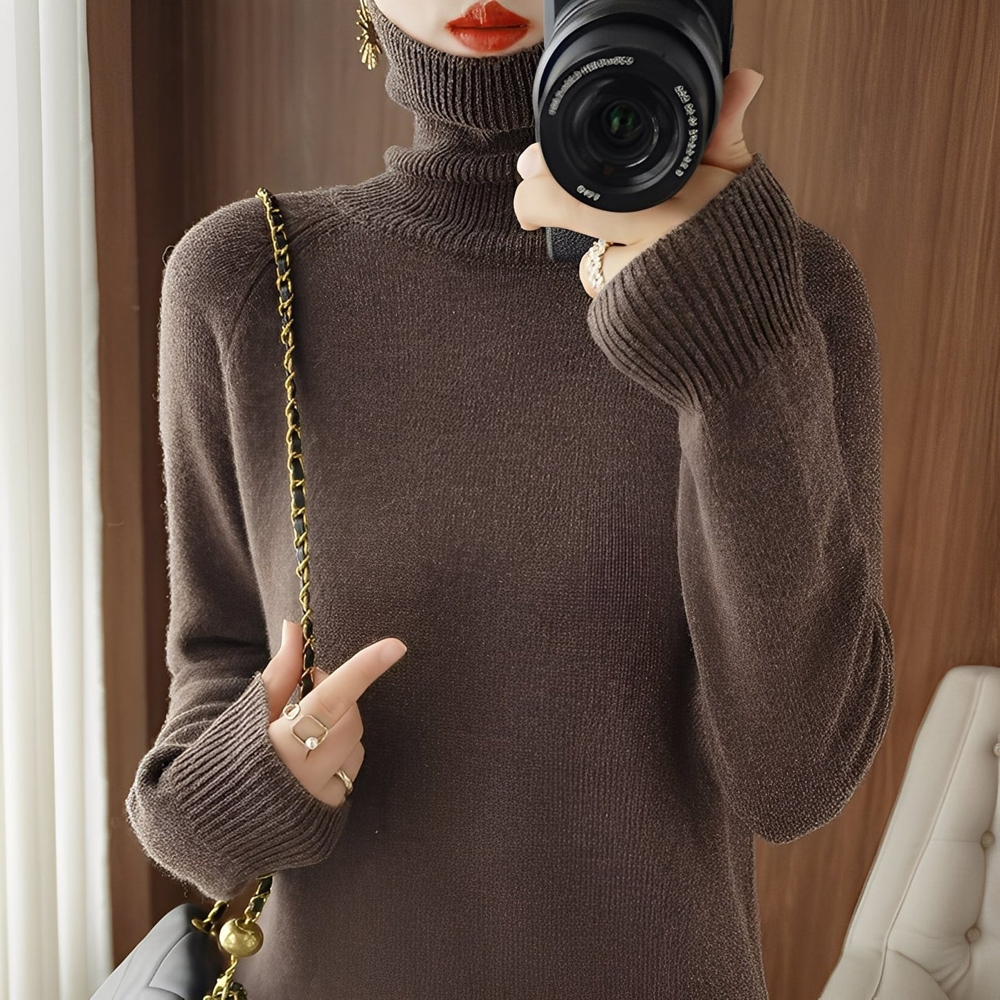 Kaycee - Pulover tricotat la modă cu guler înalt pentru femei