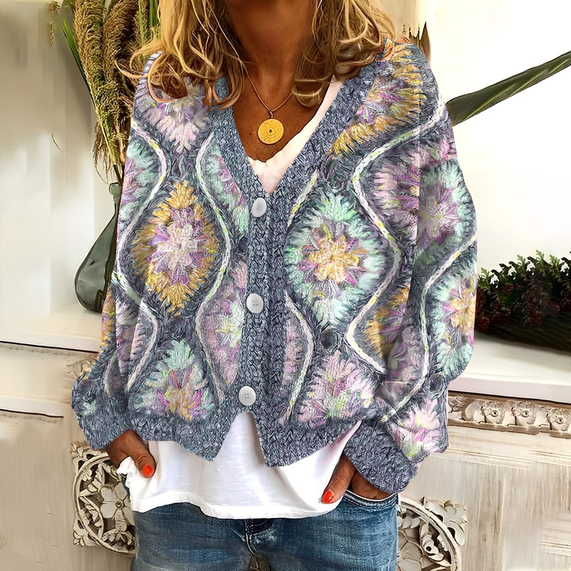 Nydia - Pulover lejer și moale cu tipar pentru femei