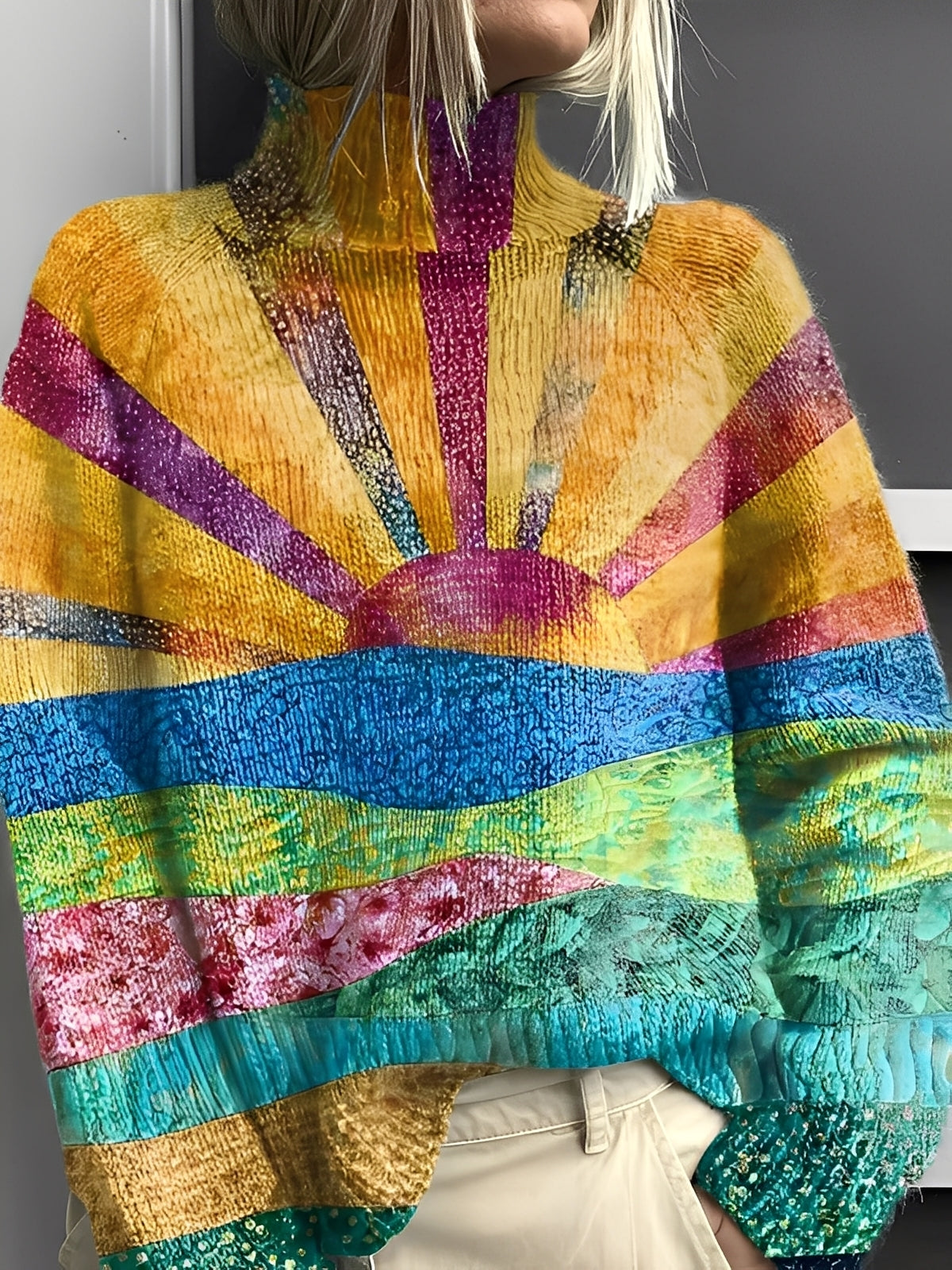 Giselle - Pulover stilat și colorat pentru femei, cu guler înalt