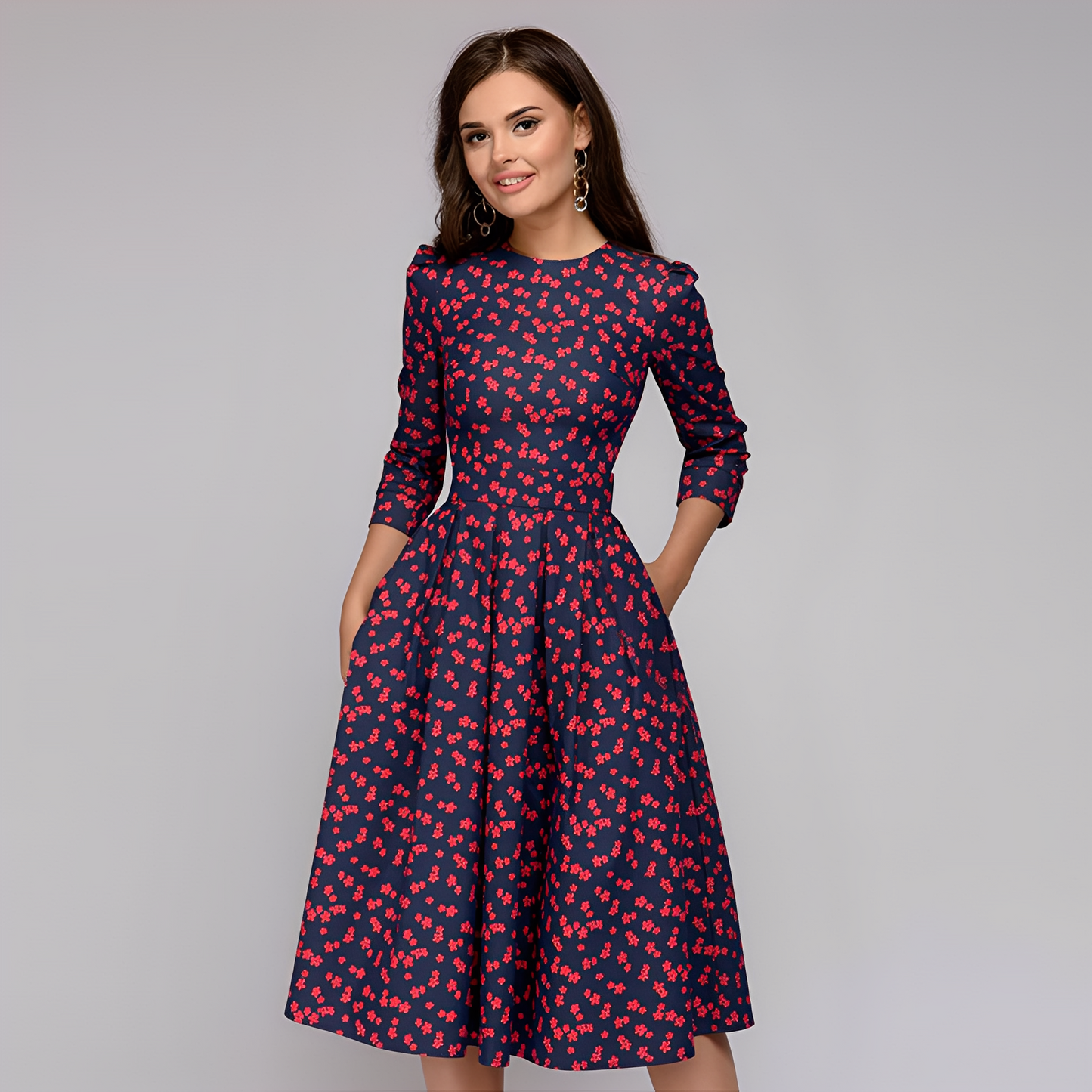 Elisabeth - Rochie elegantă, cu mâneci lungi și design floral pentru femei