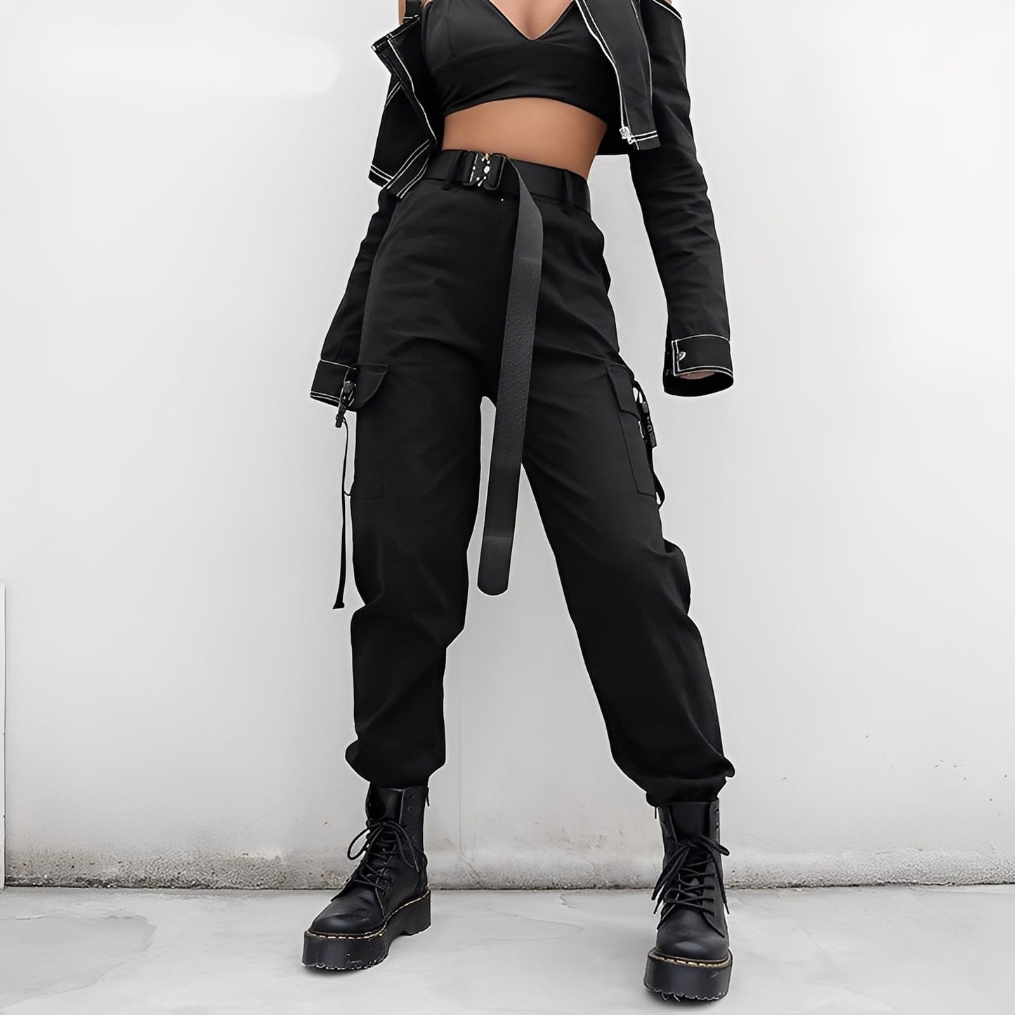 Clotilde - Pantalon cargo de damă cu talie înaltă și elastic