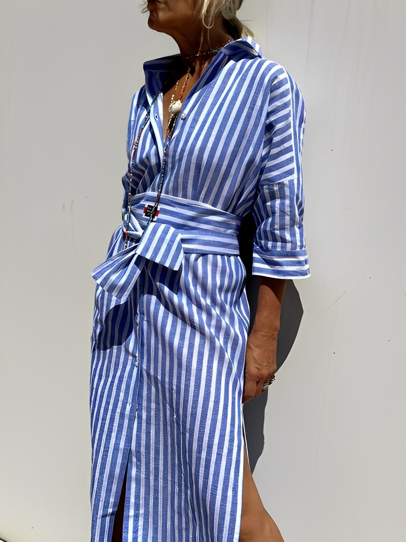 Christel - Rochie polo cu dungi, lungă, pentru femei