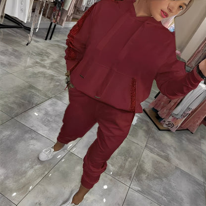 Tiffany - Set stilat cu bluză cu glugă și pantaloni pentru femei