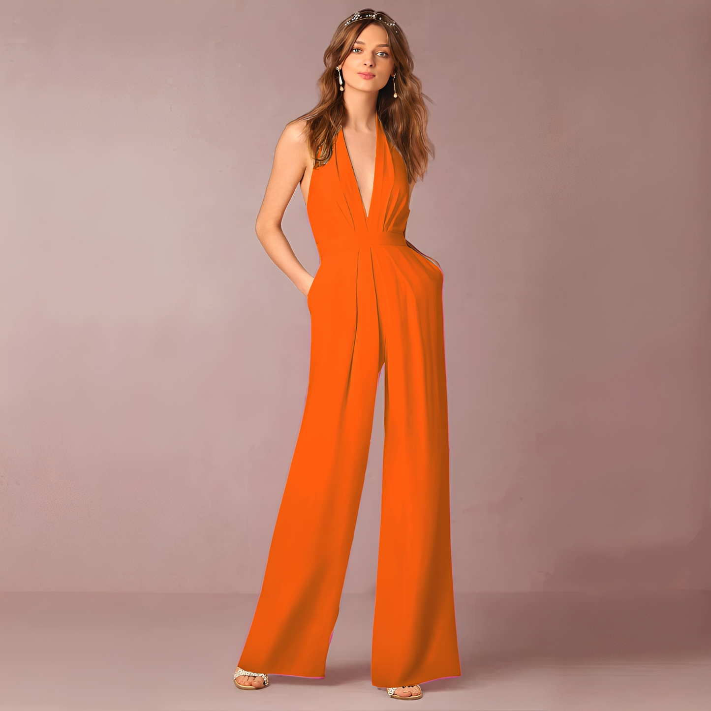 Hazel - Salopetă sofisticată cu guler halter și cric larg pentru femei