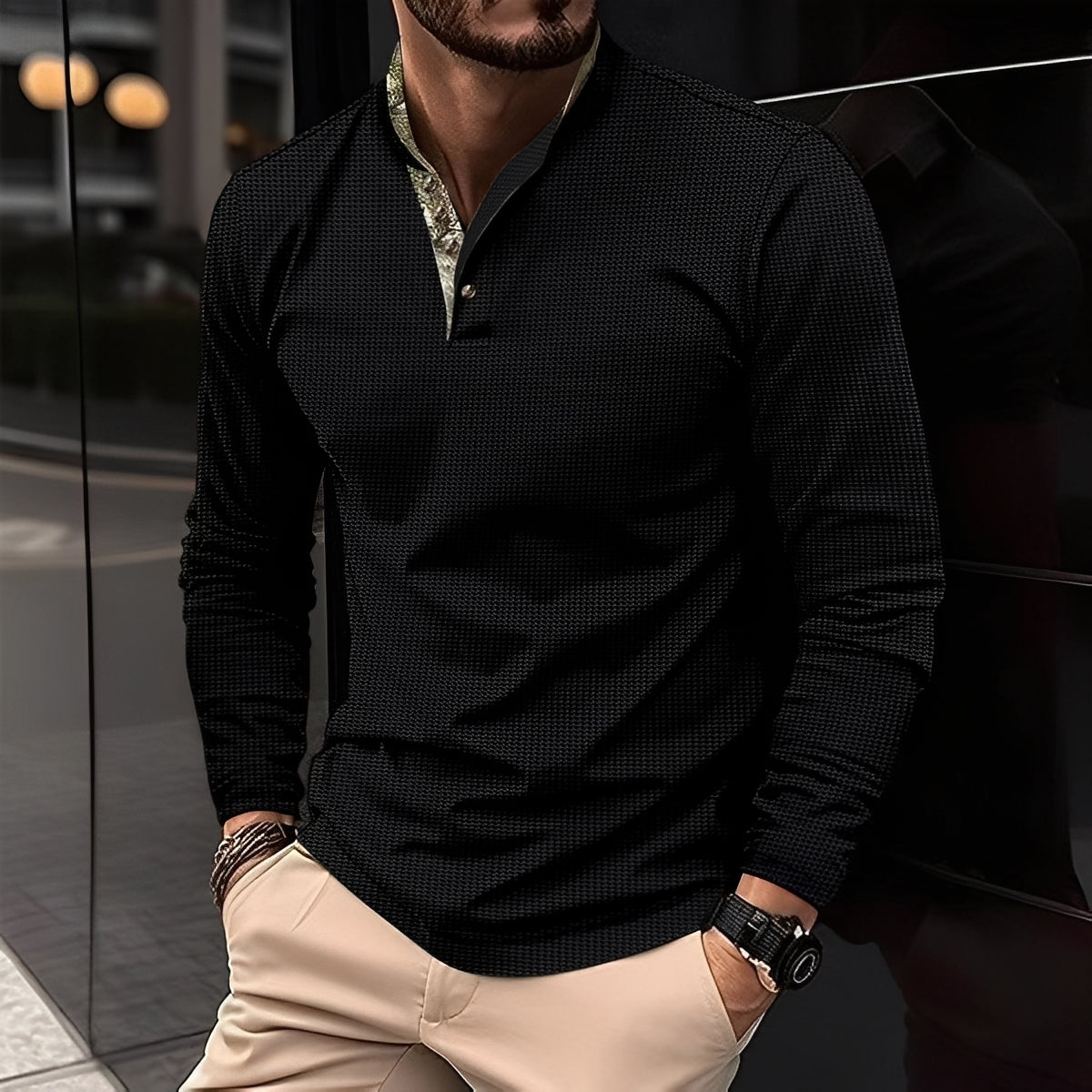 Crofton - Polo elegant cu mâneci lungi și textură vafrată pentru bărbați