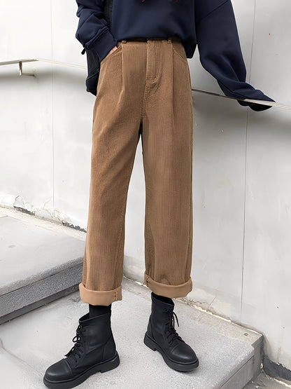 Shelbie - Pantaloni clasici din material cord pentru femei, cu picior larg