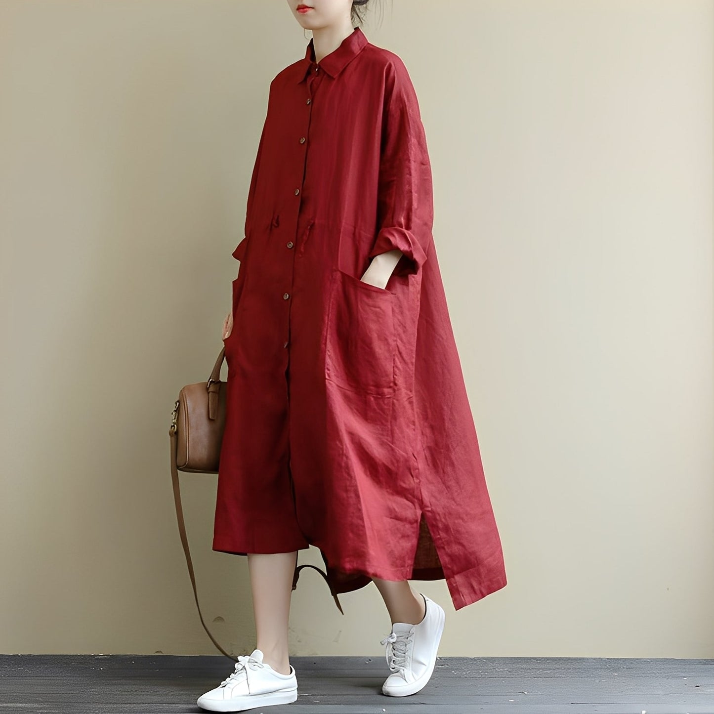 Chelsie - Rochie maxi largă cu nasturi pentru femei