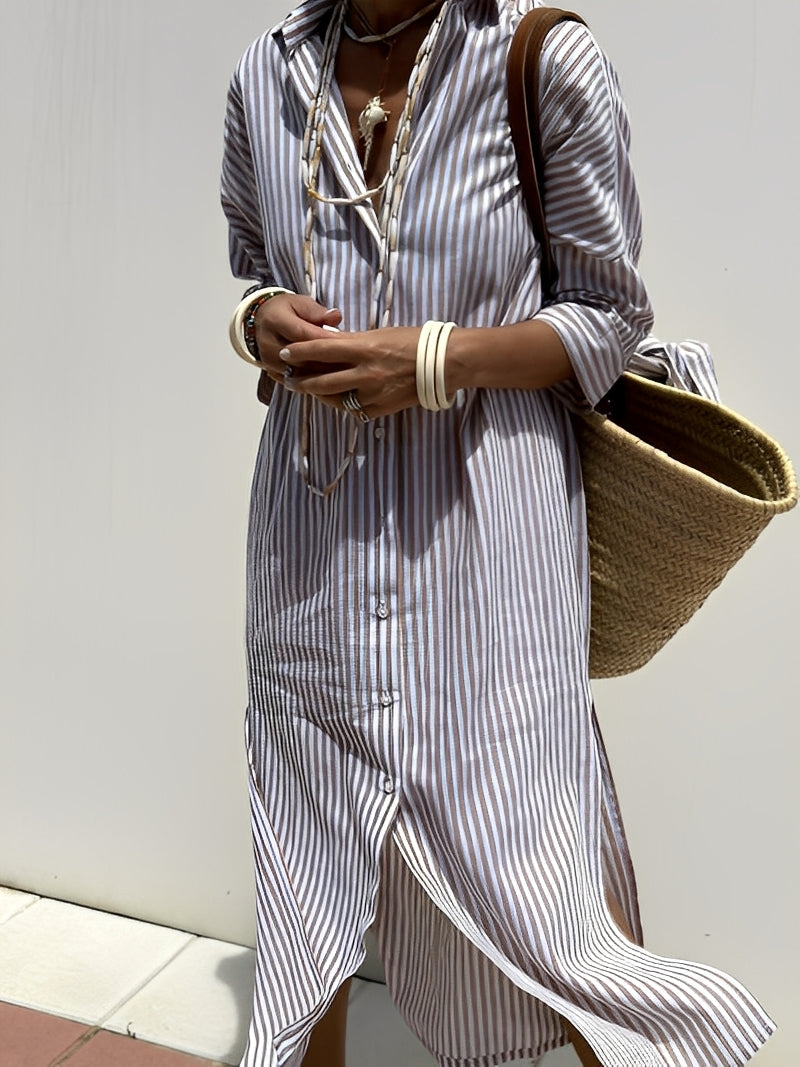 Christel - Rochie polo cu dungi, lungă, pentru femei