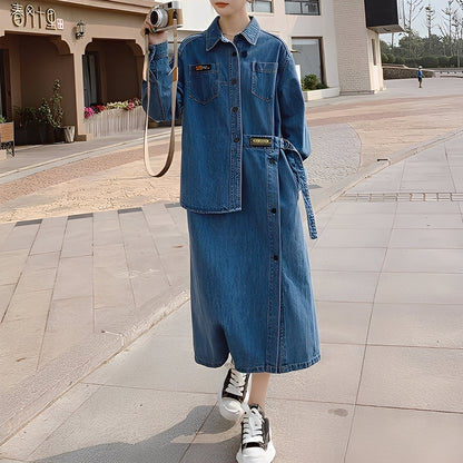 Christabel - Rochie lungă retro din denim cu buzunare pentru femei