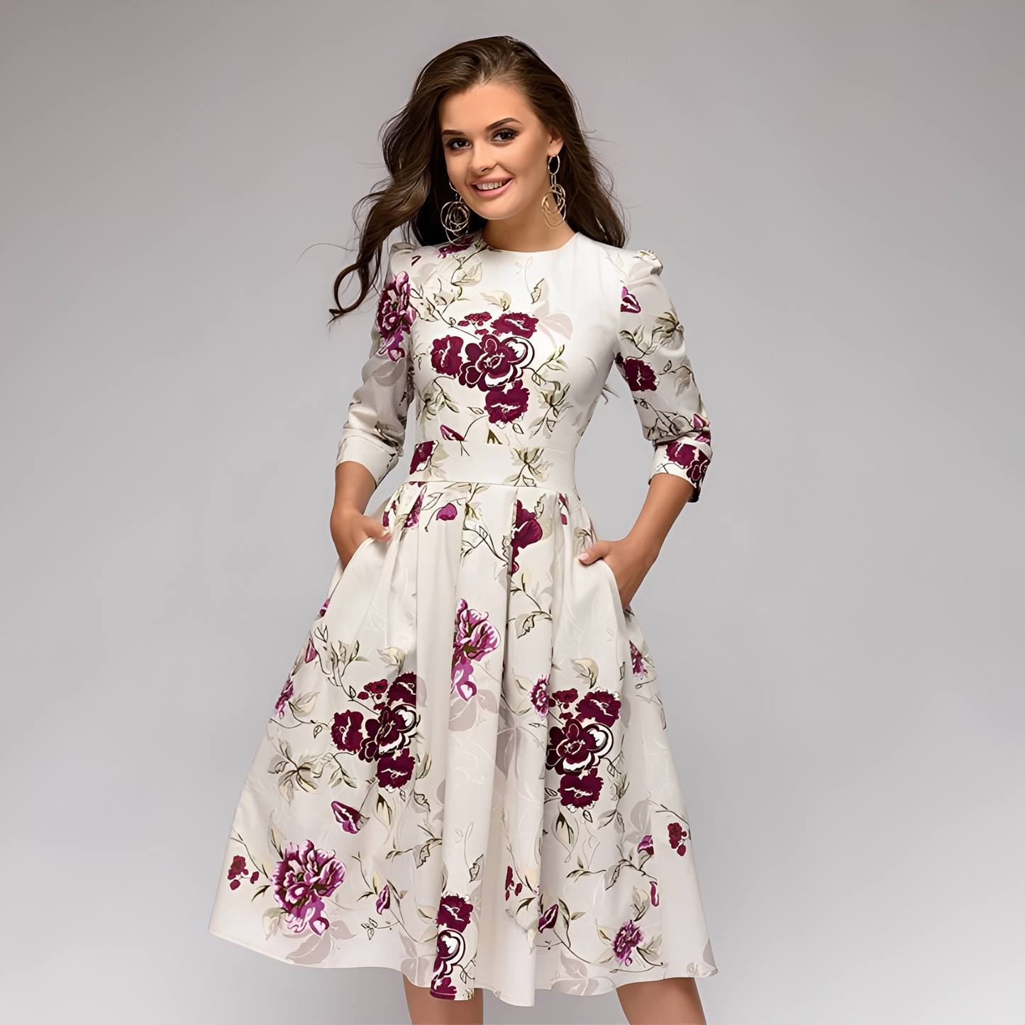Elisabeth - Rochie elegantă, cu mâneci lungi și design floral pentru femei