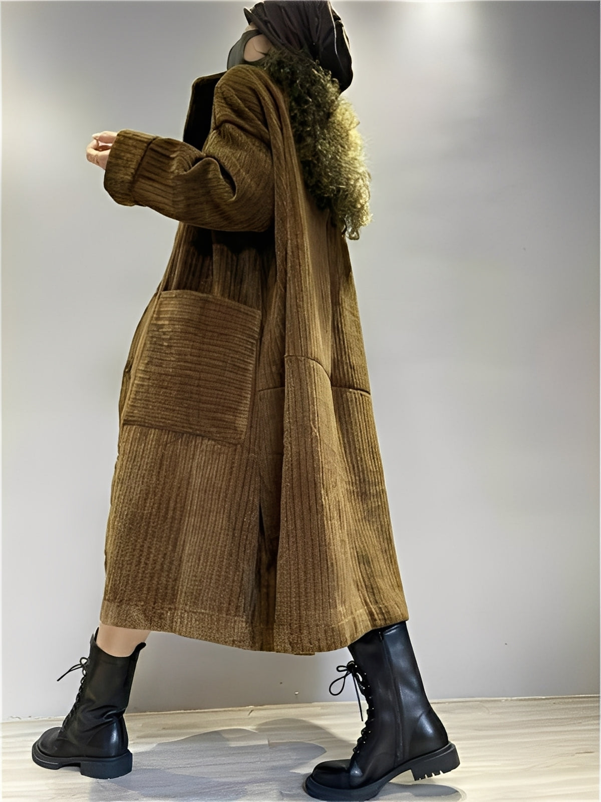 Alethea - Pardesiu lung casual din catifea cu buzunare pentru femei