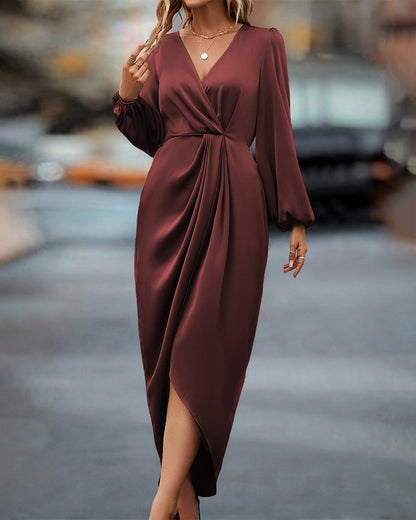 Leona – Rochie elegantă cu decolteu în V și mâneci bufante