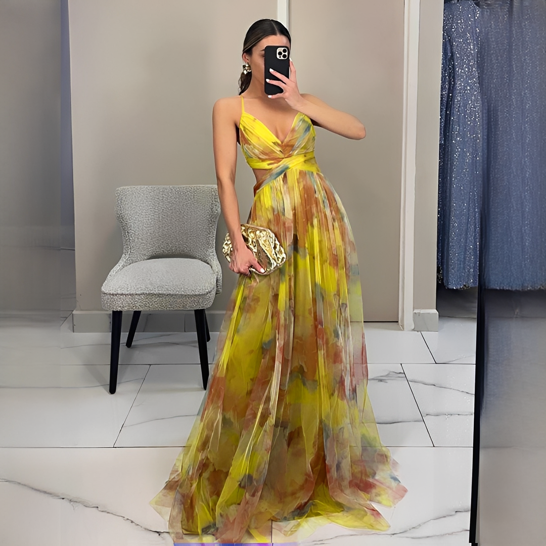 Gardania - Rochie lungă cu model floral pentru femei