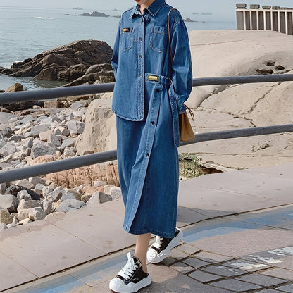Christabel - Rochie lungă retro din denim cu buzunare pentru femei