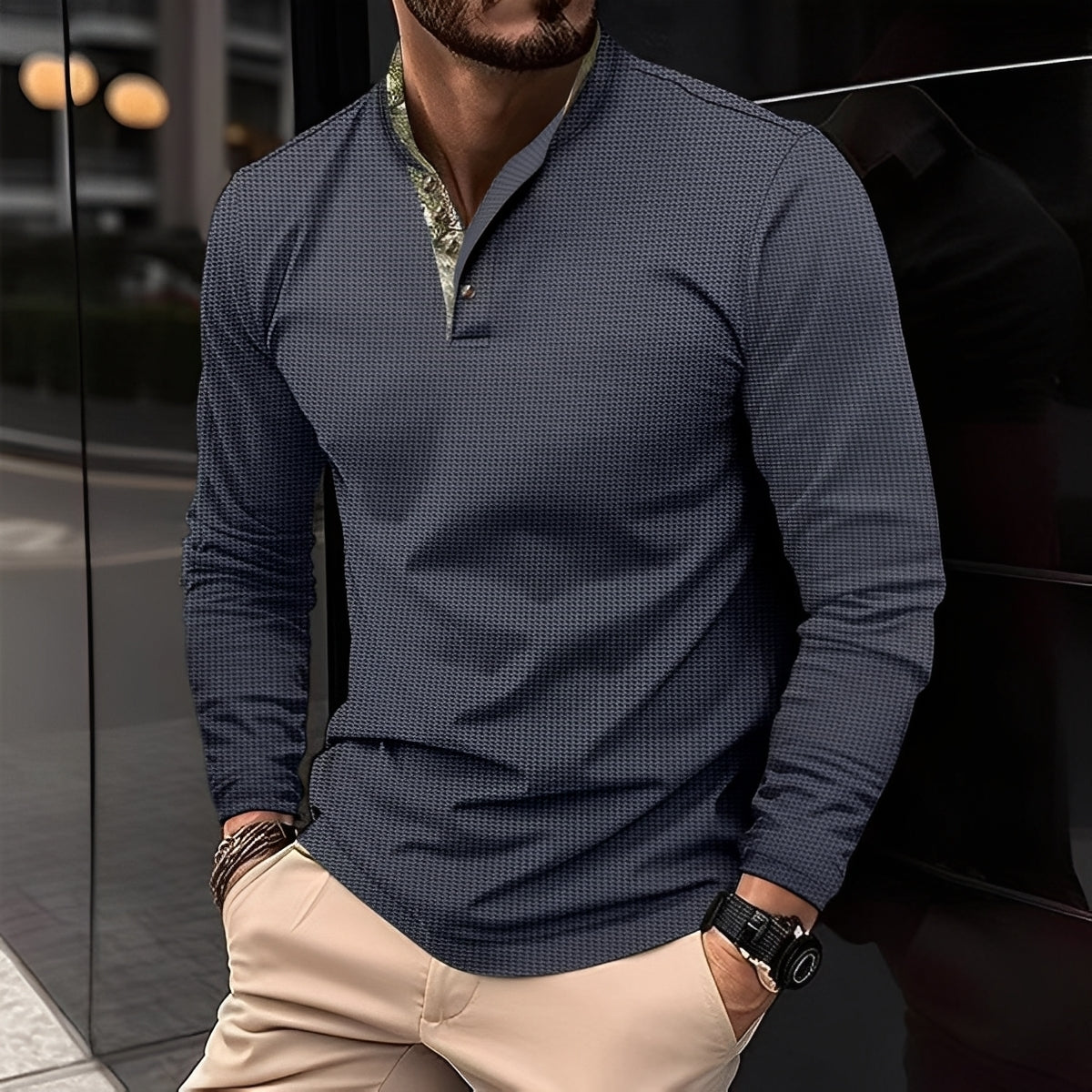 Crofton - Polo elegant cu mâneci lungi și textură vafrată pentru bărbați