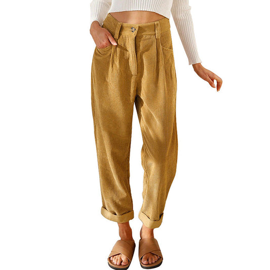 Chelsie - Pantaloni de damă casual din cord cu talie înaltă