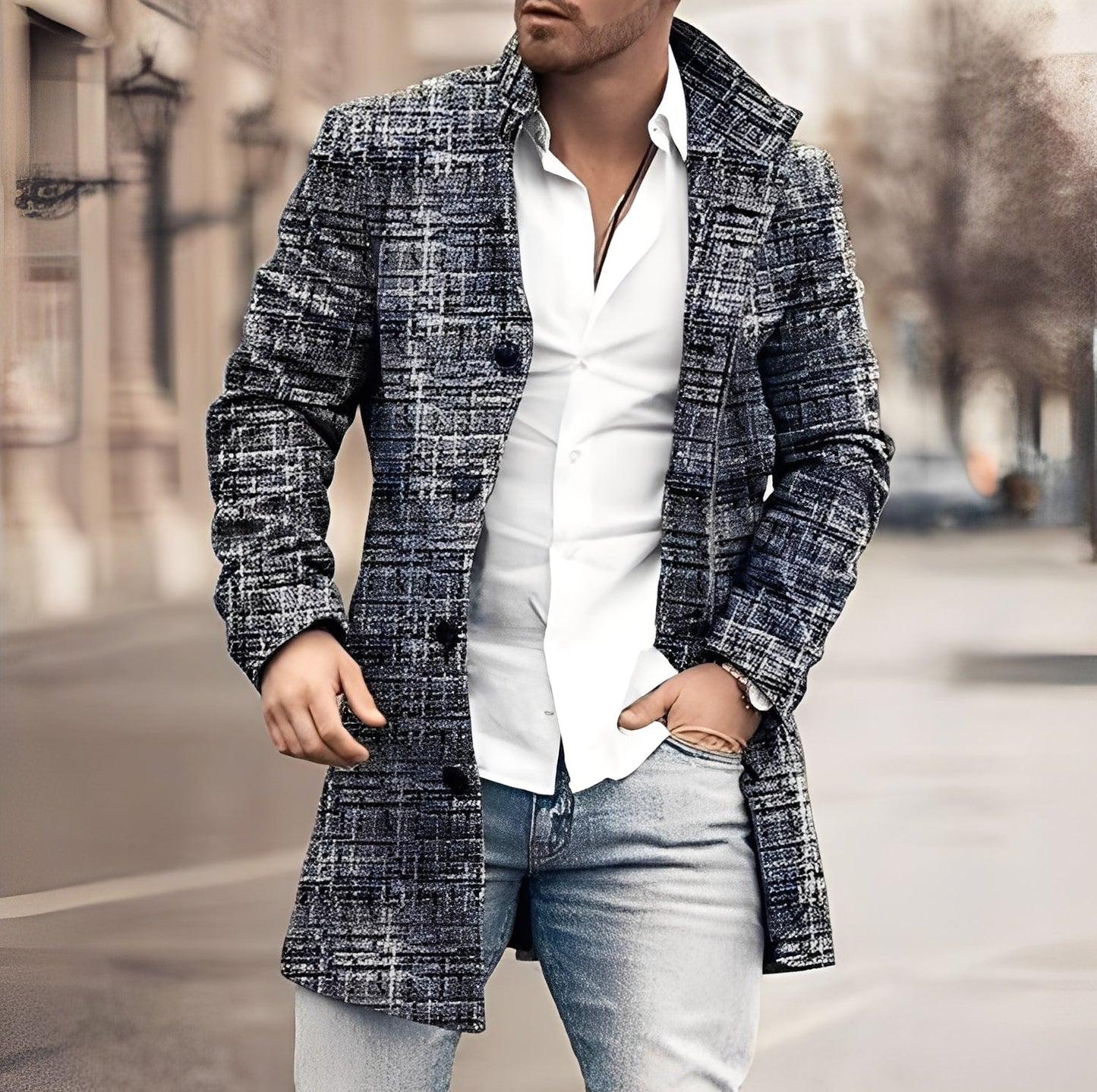 Luke - Stylový pánský dlouhý tweedový kabát