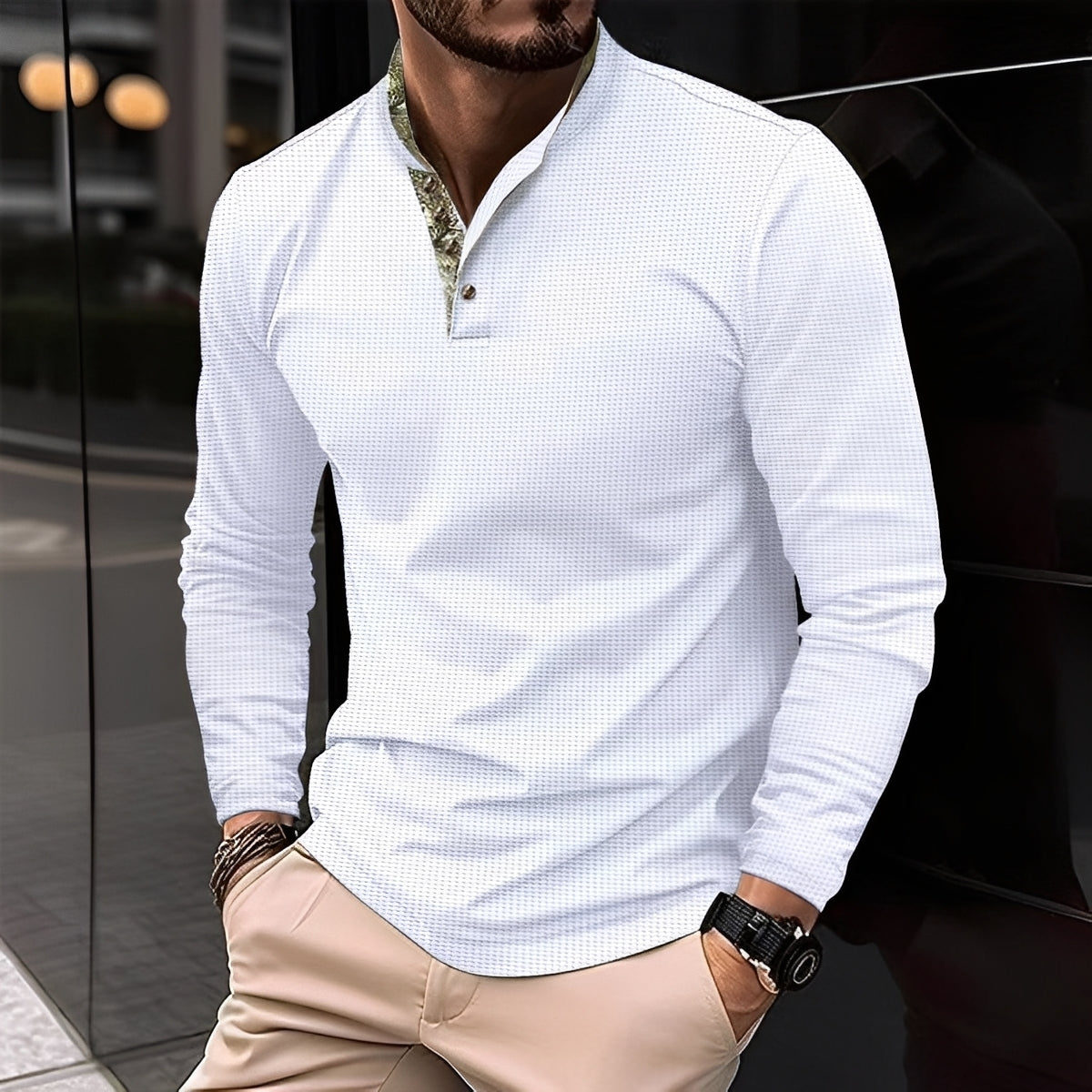 Crofton - Polo elegant cu mâneci lungi și textură vafrată pentru bărbați