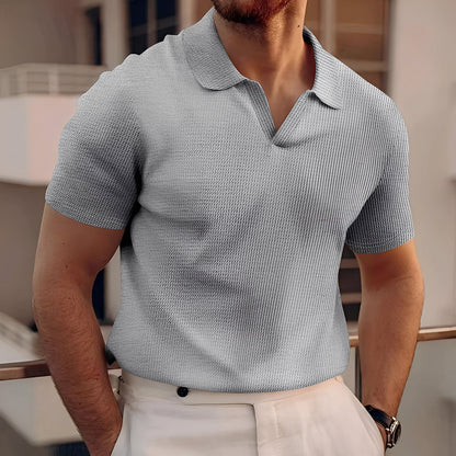 Harley - Polo simplu pentru bărbați cu mâneci scurte, model waffle