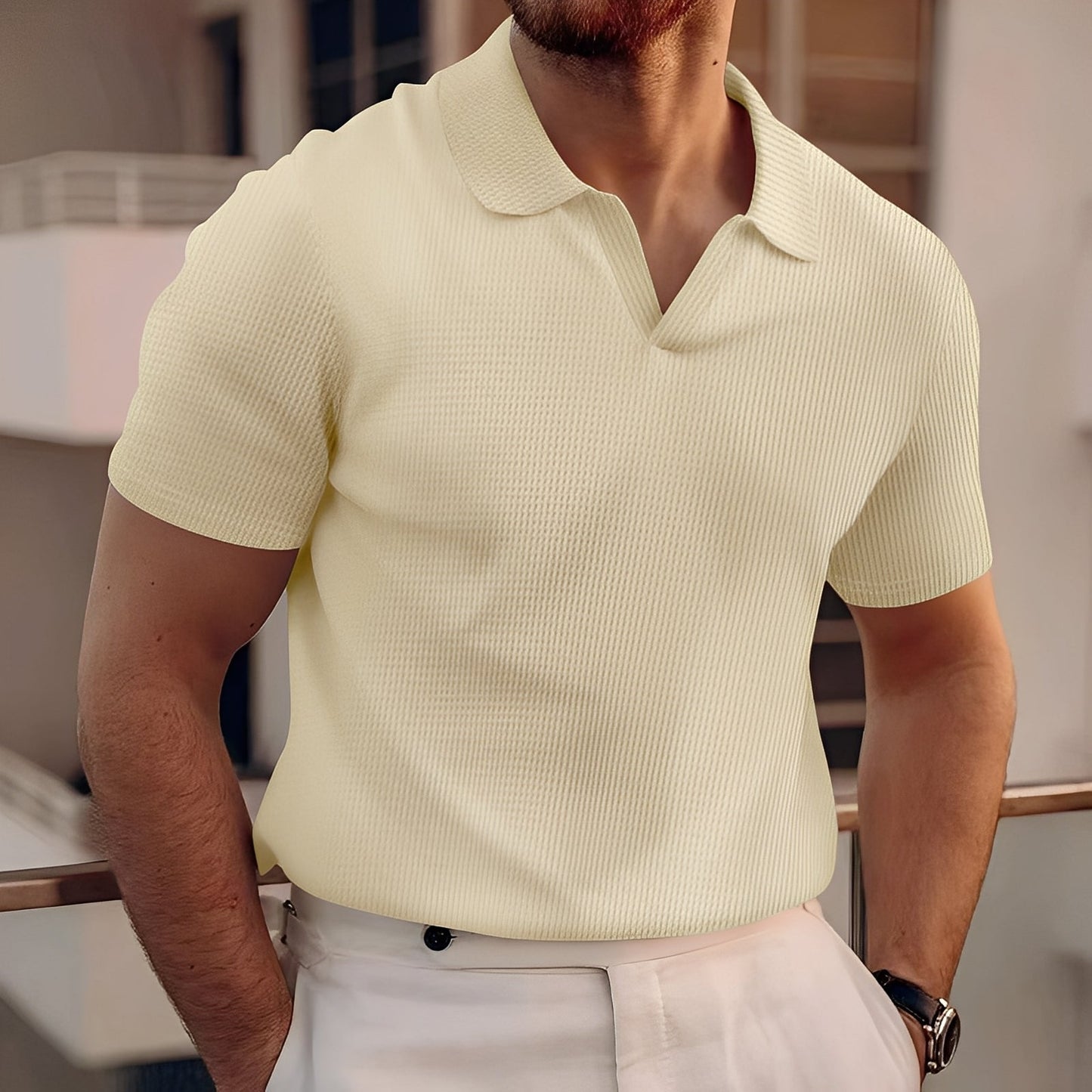 Harley - Polo simplu pentru bărbați cu mâneci scurte, model waffle
